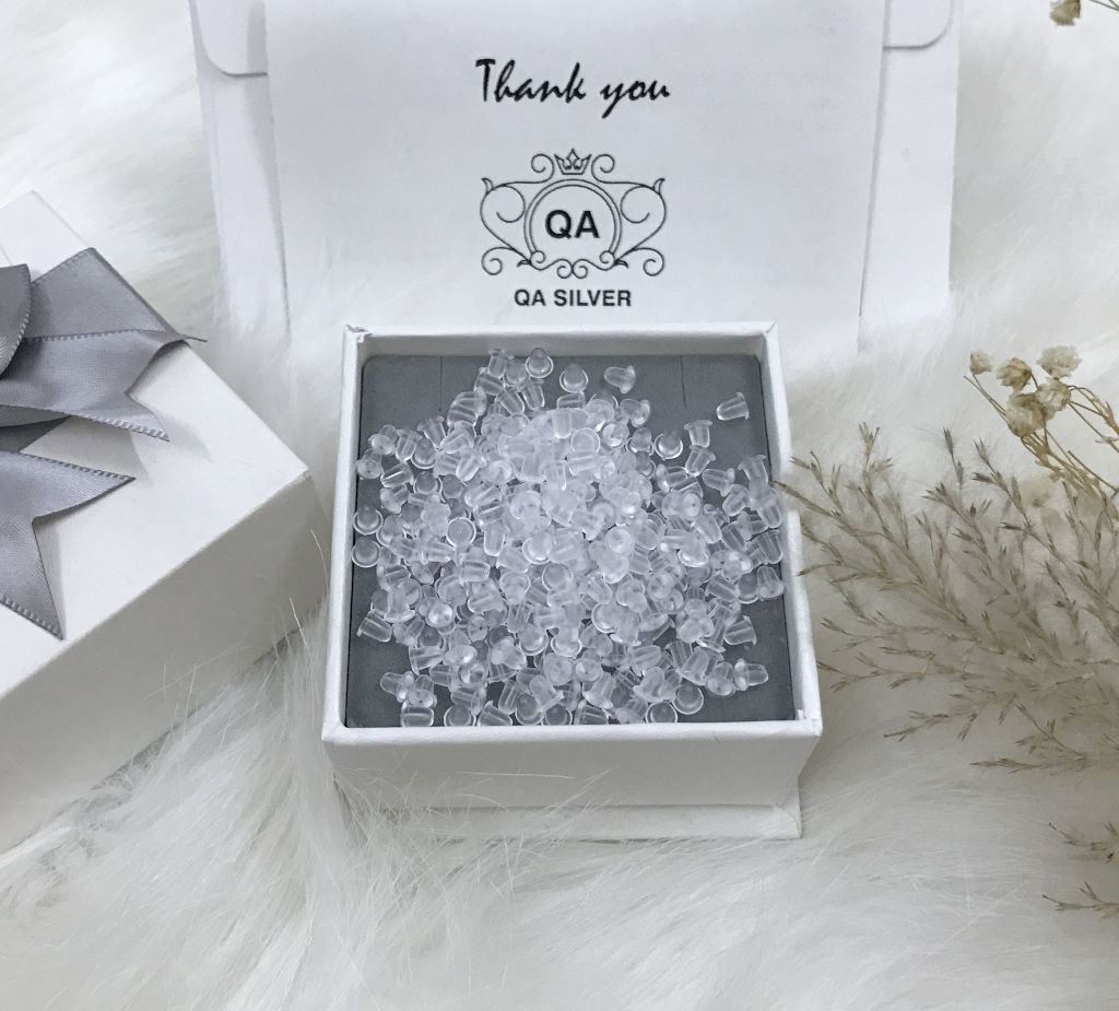 Chốt khuyên tai nhựa tròn trong suốt đế bông silicon cao su Bullet Earring Backs QA SILVER AC200604