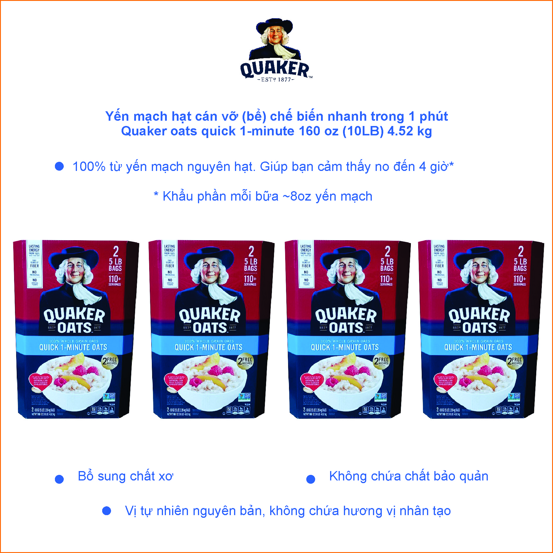 Combo 4 Thùng Yến mạch hạt cán vỡ (bể) chế biến nhanh trong 1 phút Quaker oats quick 1-minute 160 oz (10LB) 4.52 kg