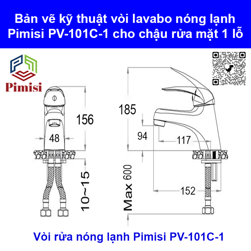 Vòi chậu rửa mặt nóng lạnh Pimisi cho chậu lavabo 1 lỗ bằng đồng thau - mạ crom, niken sáng bóng dùng trong nhà tắm - điều chỉnh nước bằng gật gù nóng lạnh gắn trên bồn chậu rửa mặt treo tường - bàn đá - mặt trên chậu rửa | Hàng chính hãng