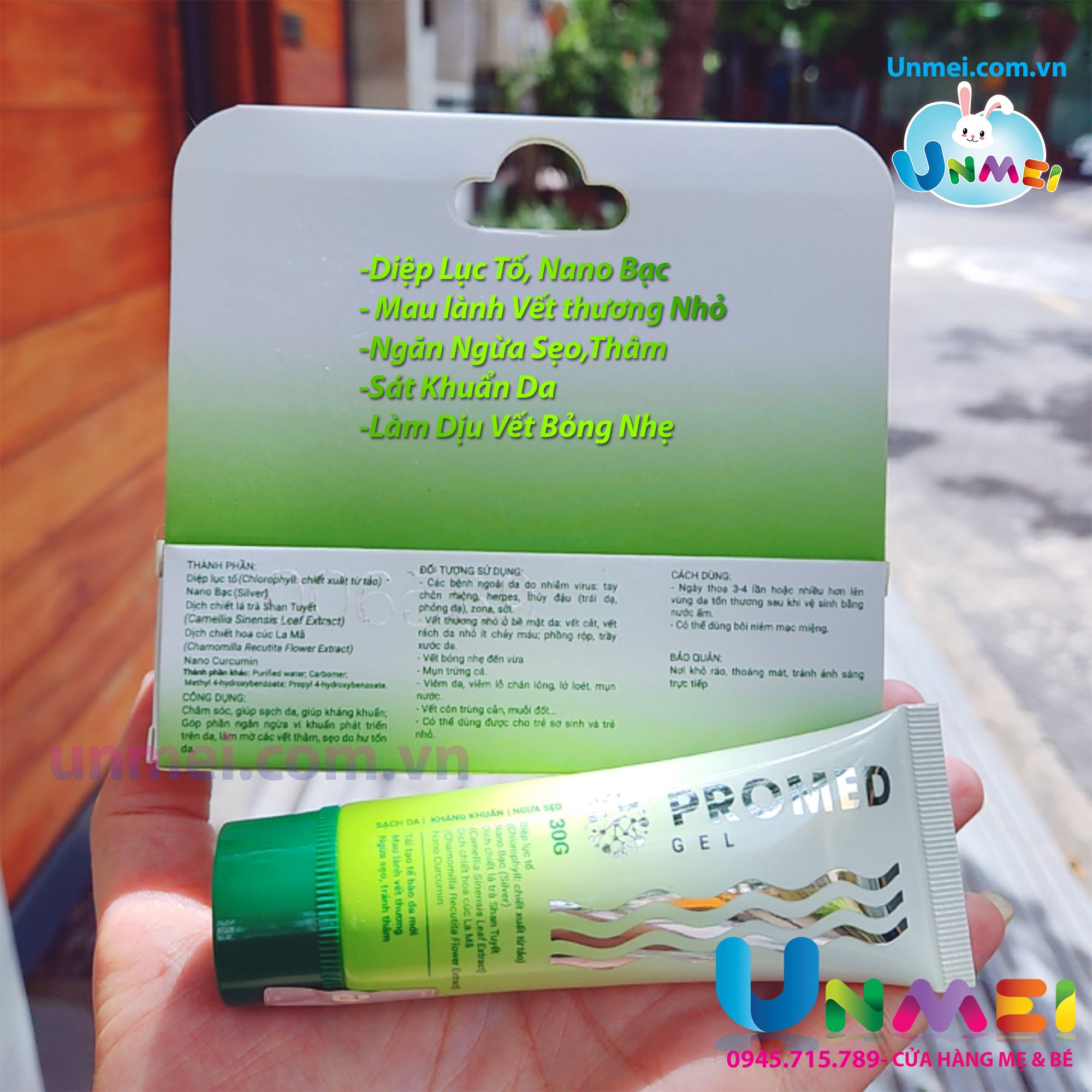 Kem Promed gel, sát khuẩn da, thủy đậu, tay chân miệng, kháng khuẩn, ngừa sẹo từ tinh chất trà xanh, nano bạc, Tặng 1 Khăn sữa Unmei cho Bé