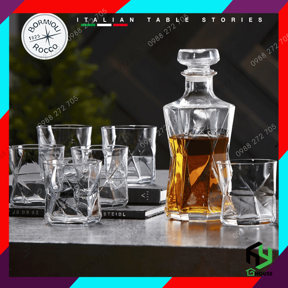 Bộ bình thủy tinh đựng rư ợu và 6 ly rock CASSIOPEA cao cấp - Bormioli Rocco - Made in Italy