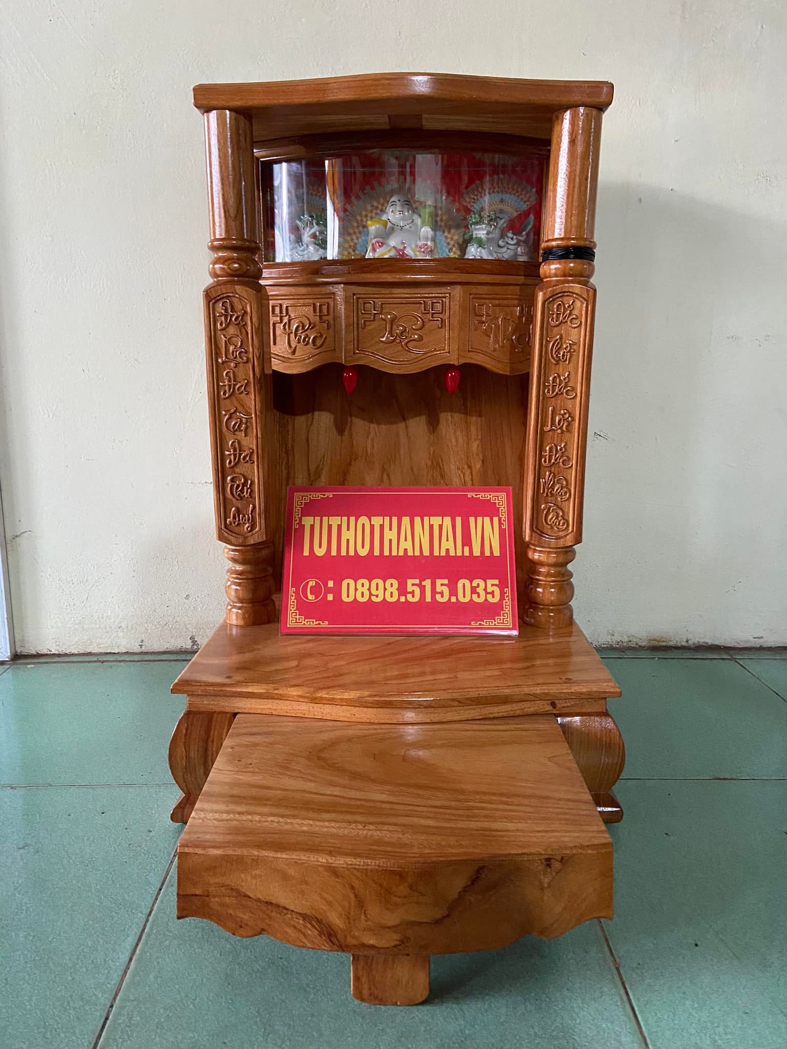 Bàn thờ thần tài ông địa cột vuông, có hộp đèn 50 x 81cm - gỗ gõ đỏ