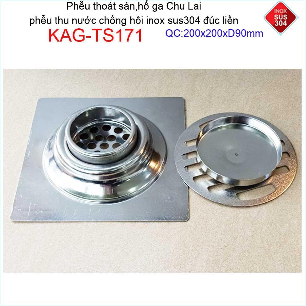 Phễu thoát sàn Chu Lai 20x20cm KAG-TS171-D90, Hố ga thoát sàn ống 9cm SUS304 inox đúc dày thoát nhanh chặn tóc tốt