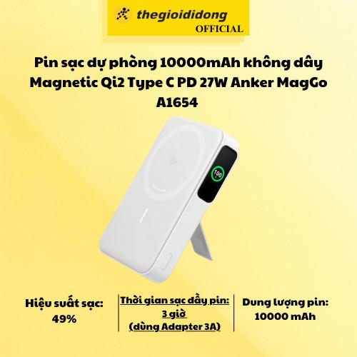 Pin sạc dự phòng 10000mAh không dây Magnetic Qi2 Type C PD 27W Anker MagGo A1654 - Hàng chính hãng