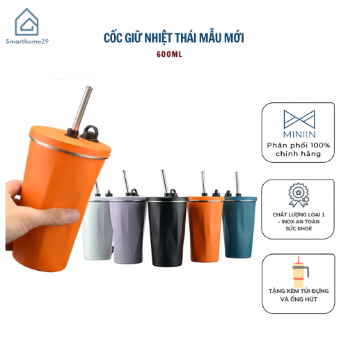 Cốc Giữ Nhiệt Cao Cấp Trơn 600ml, Ly Giữ Nhiệt Kèm Ống Hút Có Núm Đậy Kèm Túi Trong Suốt Tiện Lợi - HÀNG CHÍNH HÃNG MINIIN