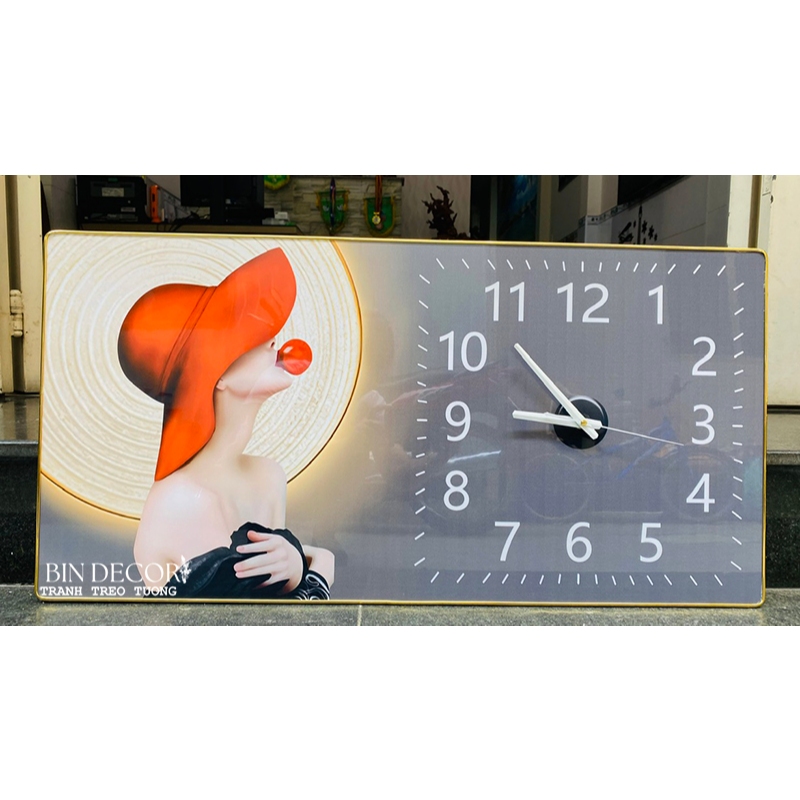 (ẢNH THẬT) Tranh đồng hồ tráng gương cô gái nghệ thuật bo viền vàng kèm đinh