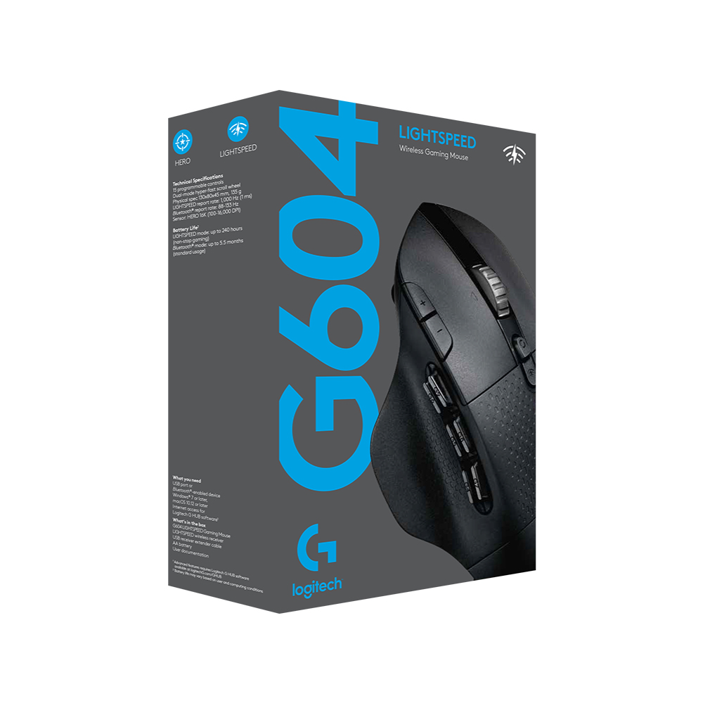 Chuột game không dây Lightspeed Logitech G604 - Cảm biến Hero 25k, pin 5.5 tháng, 15 nút lập trình, con lăn Hyperfast, Bluetooth/USB, PC/Mac -Hàng Chính Hãng