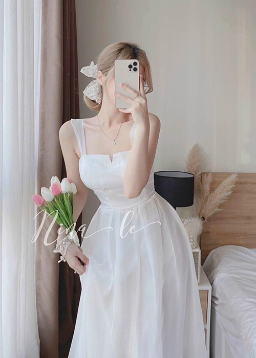 Đầm Voan Trắng 2 Dây Form Dài Cổ Cách Điệu Thời Trang