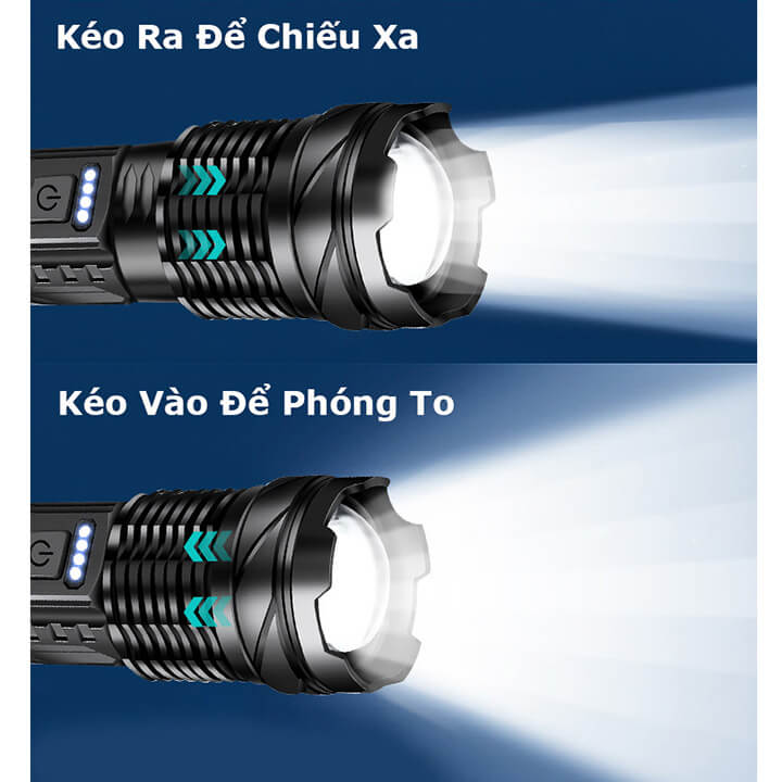 Đèn pin cầm tay siêu sáng chiếu xa 500m có Zoom xa gần, chip Led XHP50 tâm tròn, pin trấu, 7 chế độ sáng, chống nước IPX6