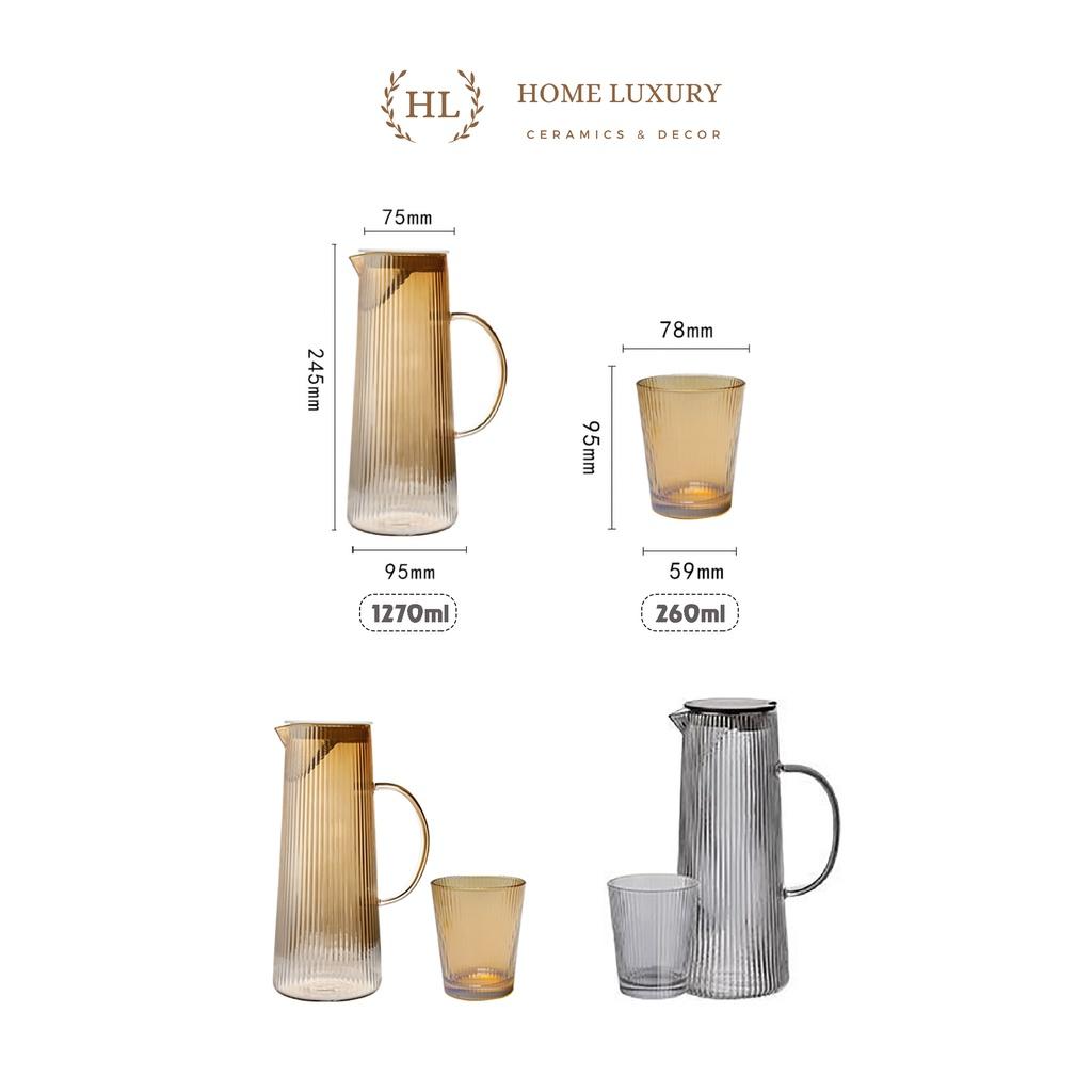 SET BÌNH CỐC CHỊU NHIỆT | BỘ BÌNH CỐC CHỊU NHIỆT VÂN SỌC ĐỂ TỦ LẠNH | BỘ BÌNH CỐC THỦY TINH KÈM KHAY INOX TRÁNG GƯƠNG