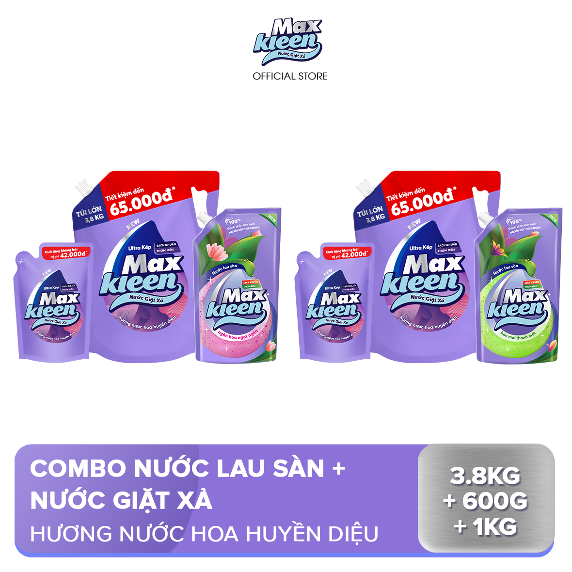 CB túi nước giặt xả MaxKleen hương huyền diệu 3.8kg + 600g &amp; túi nước lau sàn 1KG