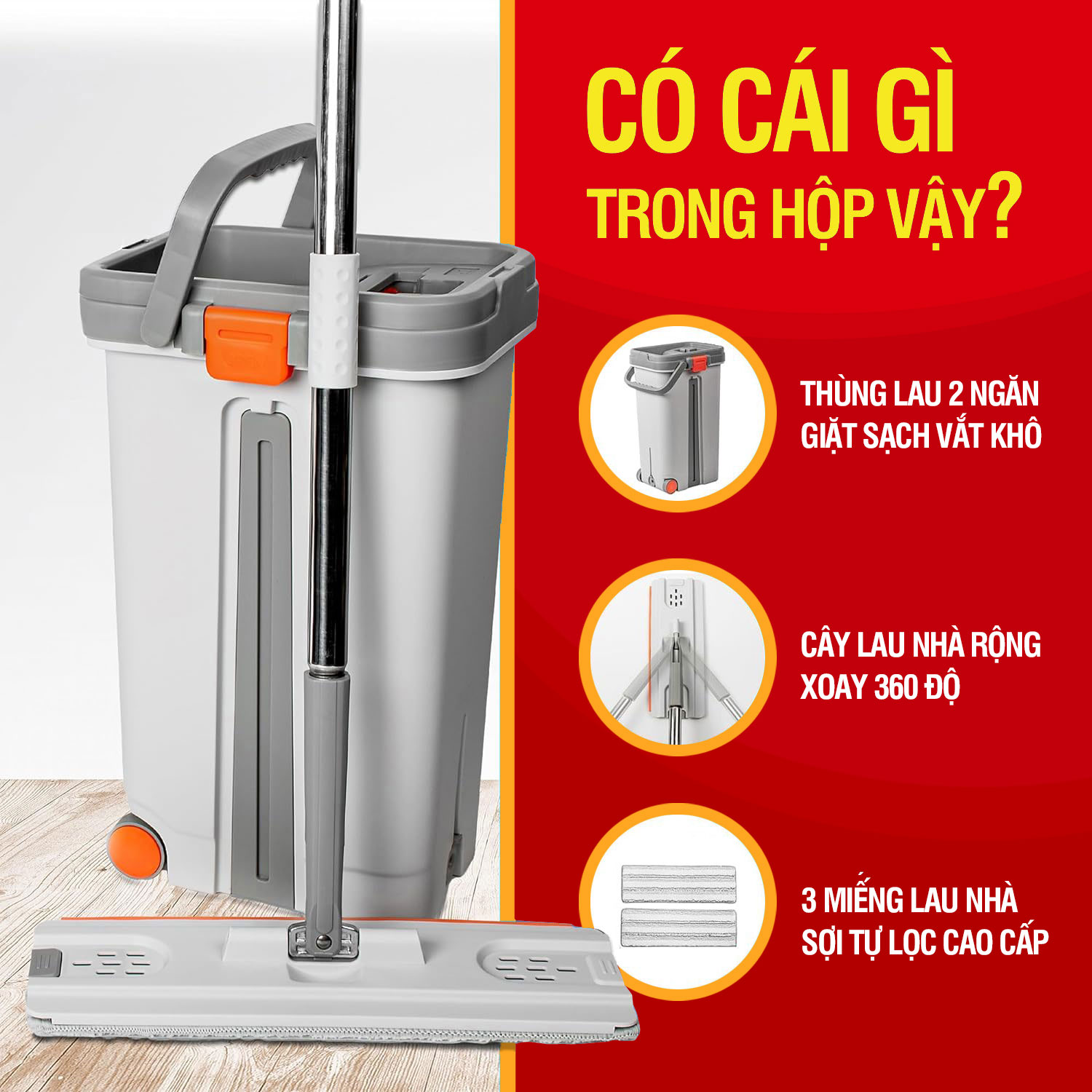 Bộ Cây Lau Nhà KITIMOP PRO MAX - Thùng Lau Nhà Tự Vắt Thông Minh, Chổi Lau Nhà Xoay 360 Độ, Lau Sàn Làm Sạch