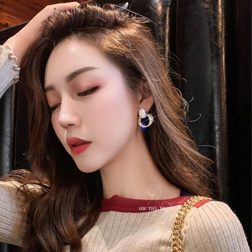 Bông Tai Bạc Mạ Vàng Dáng Tròn Đính Đá Phong Cách Sang Trọng Thanh Lịch Cho Nữ - HT009