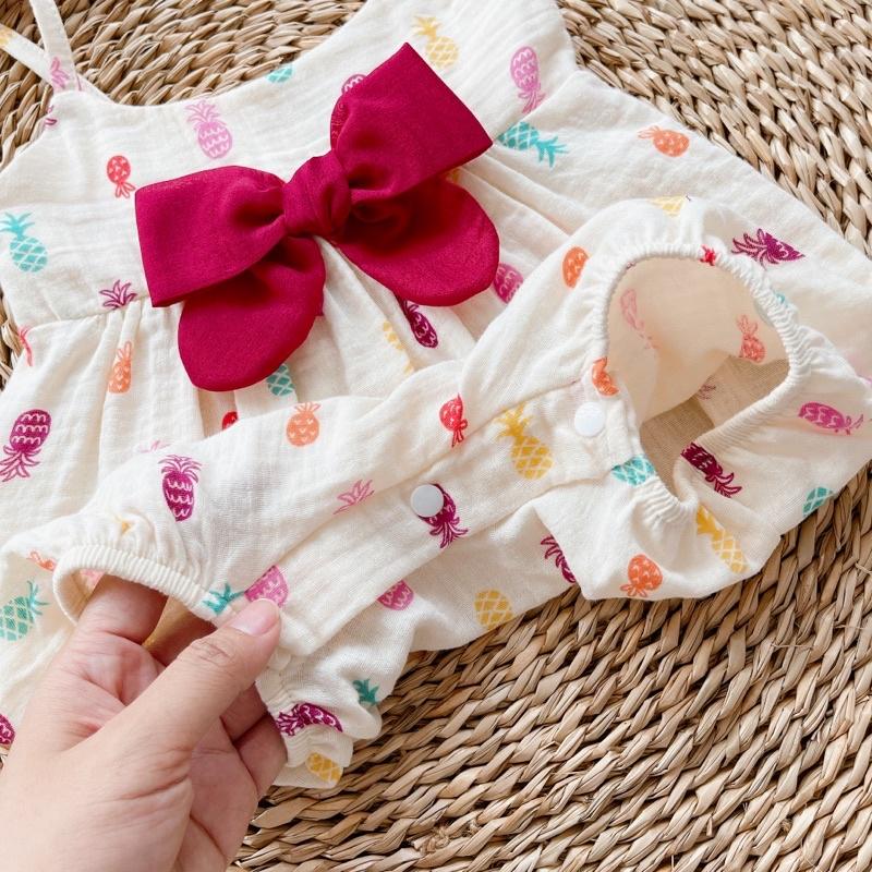Body 2 Dây Nơ Đỏ Quả Dứa Chất XÔ MUSLIN Cho Bé Gái 3 Đến 12kg