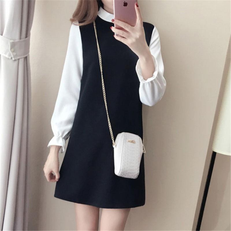 Đầm suông nữ cổ tàu tay dài phối màu trẻ trung Da48