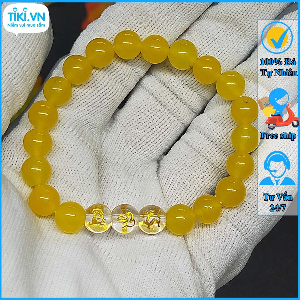 Vòng tay mã não vàng tam hợp thân tý thìn - size 8 10ly cho nữ mệnh kim - có khai quang điểm nhãn may mắn tài lộc - bảo hành 12 tháng - PHONG THỦY ANH VŨ