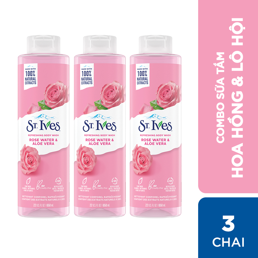 Combo 3 chai Sữa tắm dưỡng da St.Ives Hoa Hồng và Lô Hội 650ml