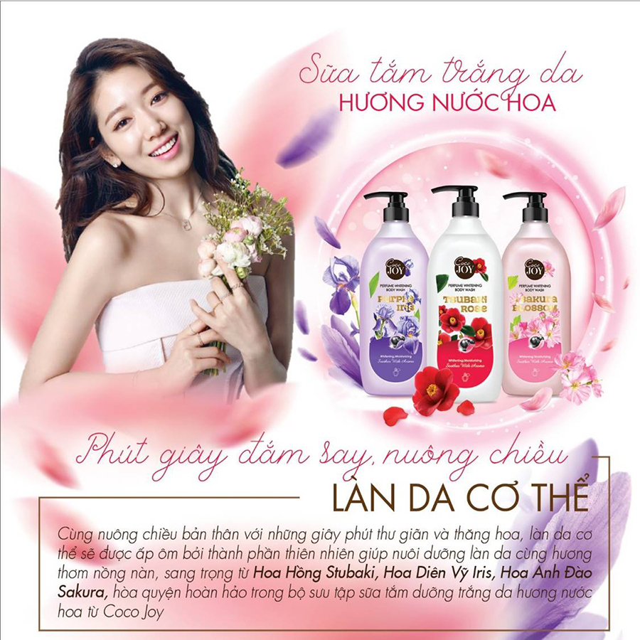 Sữa tắm trắng da hương nước hoa Cocojoy chiết xuất hoa Purple Iris và protein ngọc trai, dưỡng trắng, cấp ẩm, thơm lâu 6g, 500g, 900g