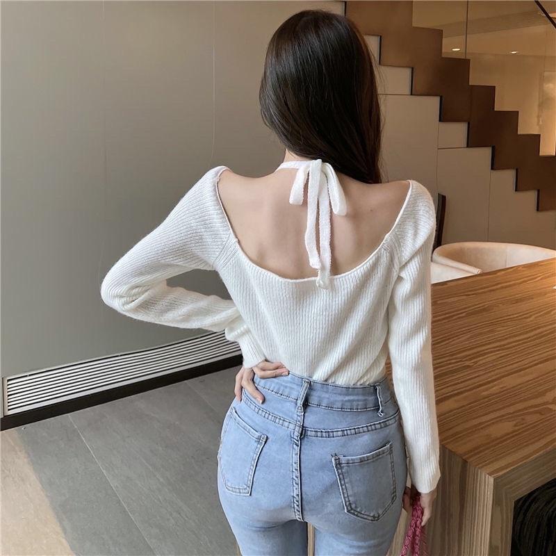 Áo len nữ dài tay cách điệu hở vai cổ yếm hở lưng hàng Quảng Châu đẹp