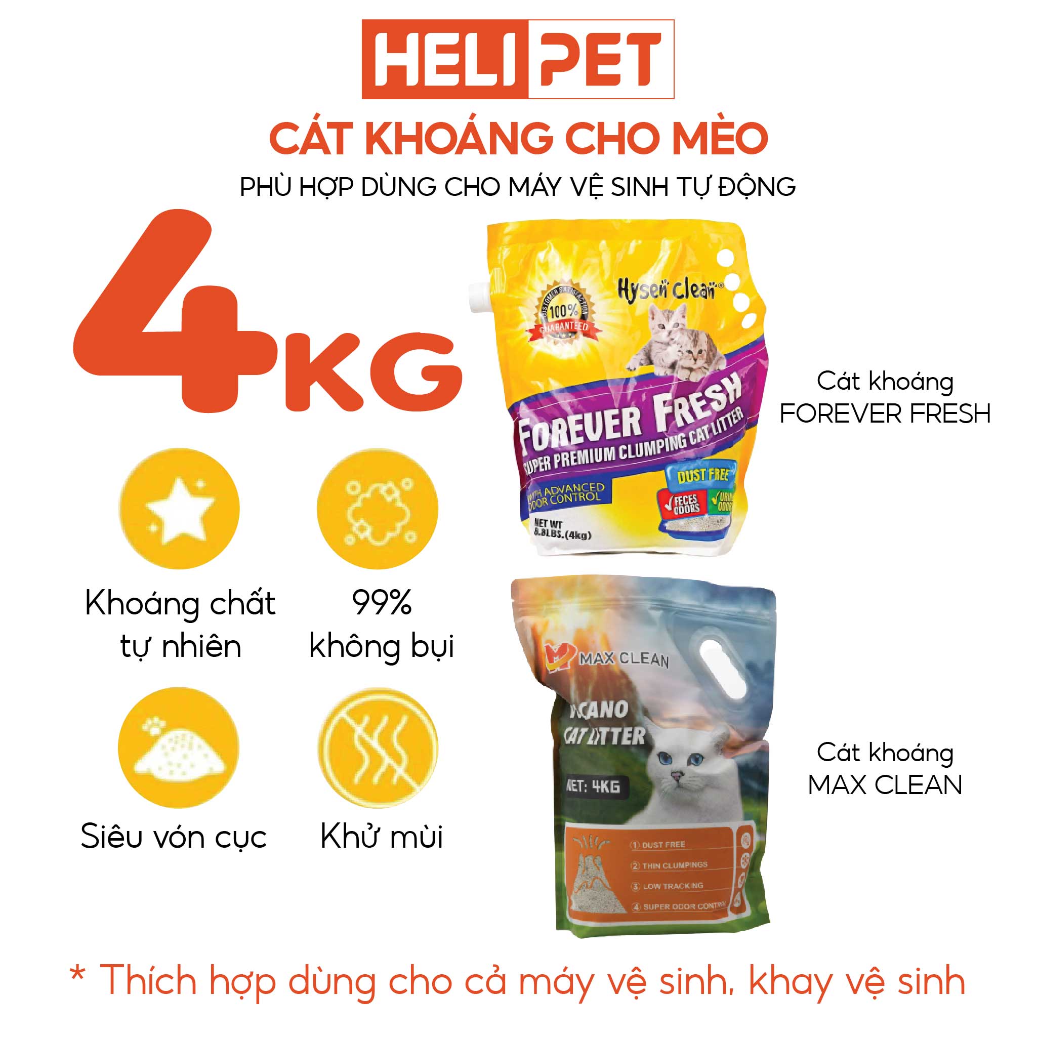 Cát Vệ Sinh Cao Cấp Cát Khoáng Dùng Cho Khay Vệ Sinh, Máy Vệ Sinh Cho Mèo 4Kg Siêu Vón Siêu Ít Bụi- HeLiPet