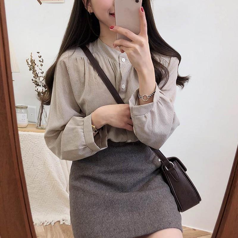 Áo sơ mi caro cổ tròn tay phồng thời trang Hàn Quốc cho nữ