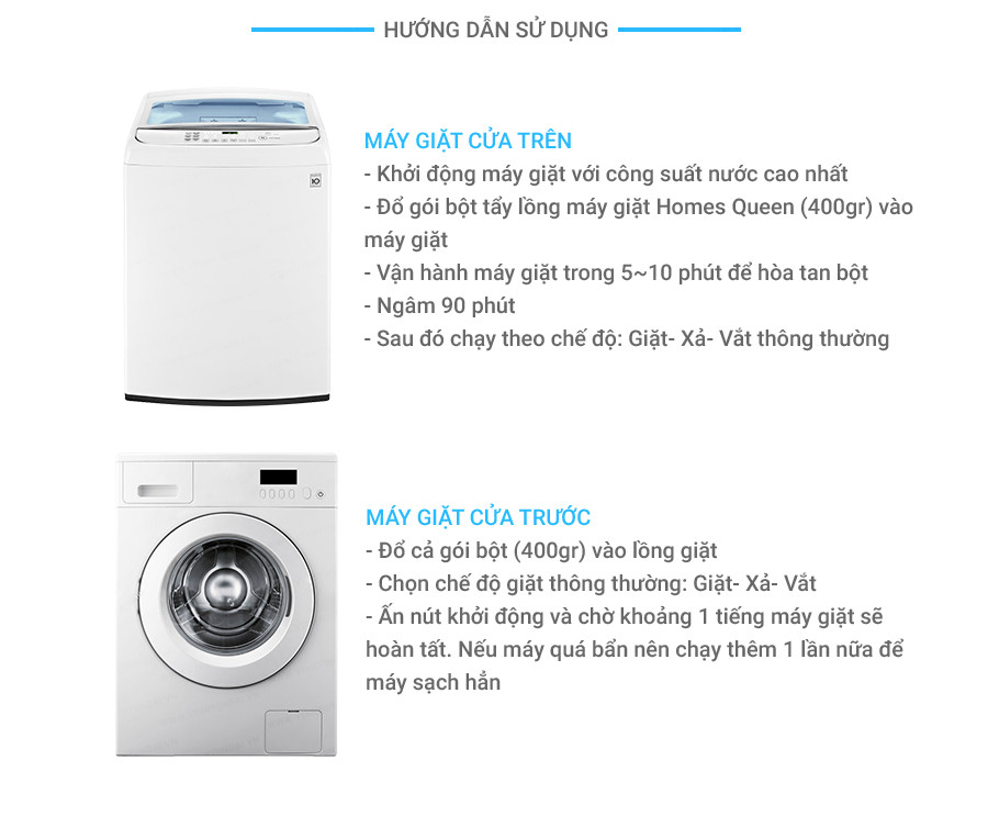 Combo 2 gói tẩy vệ sinh máy giặt Homes Queen (Cho cả máy giặt lồng ngàng và lồng đứng) + 2 vỉ vệ sinh khử mùi bồn cầu BlueShot