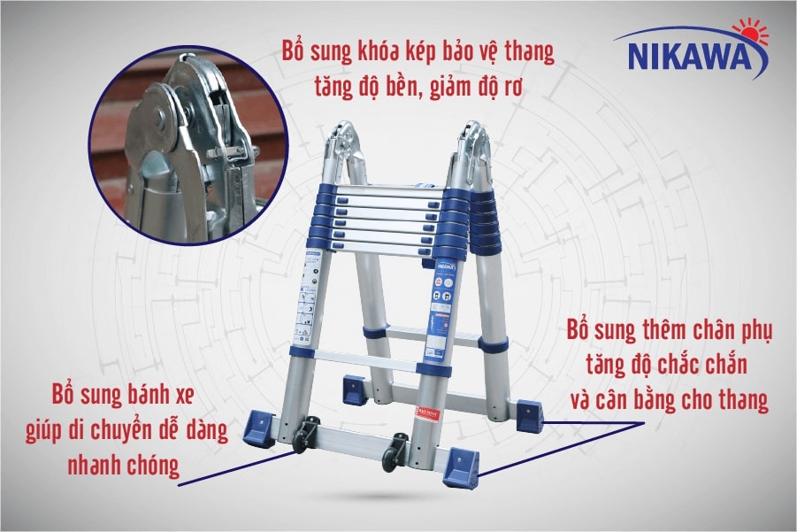 Thang Nhôm Rút Đôi Chữ A Nikawa NK-50AI-Pri, Chiều cao chữ A 2,5m, chữ I 5M - Hợp Kim Nhôm Cao Cấp, Rút Gọn Tiện Lợi, Chân Đế Chống Trượt, Dễ Dàng Di Chuyển