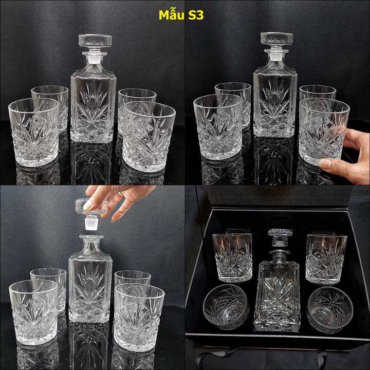 Bộ Chai Đựng Rượu Pha Lê kèm 4 ly whiskey decanter cao cấp - 4 mẫu lựa chọn - Bộ Bình Rượu Pha Lê nắp mài đặc nguyên khối không gioăng