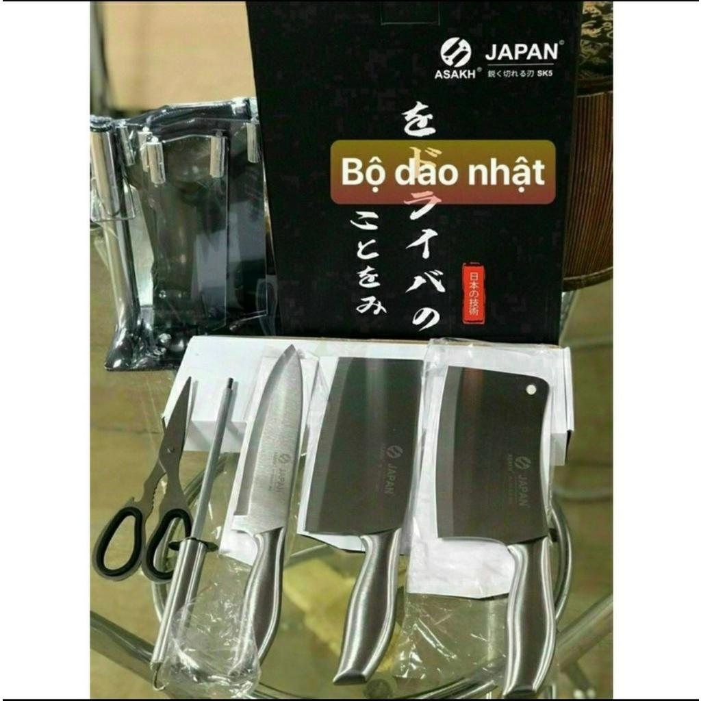 Bộ Dao Kéo 6 Món Nhật Bản Inox Đúc Nguyên Khối Cao Cấp Khắc Chữ SEKI JAPAN Có Đế Cắm Làm Từ Thép Không Gỉ.