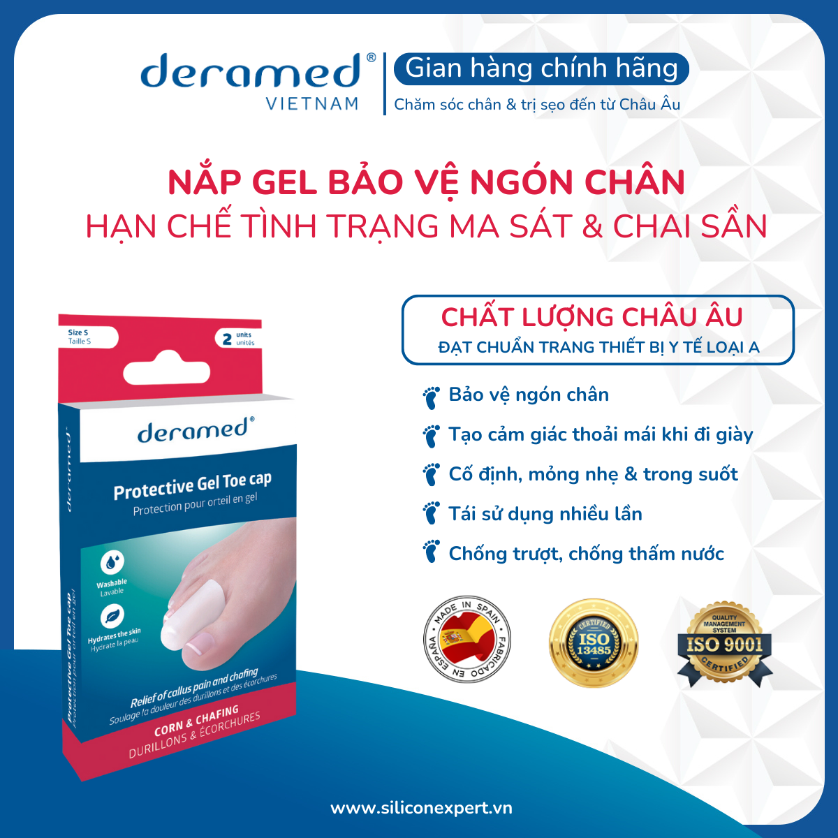 NẮP GEL BẢO VỆ NGÓN CHÂN KHỎI MA SÁT & CHAI SẦN DERAMED ÊM ÁI VÀ GIẢM ĐAU TỨC THÌ  - 1 CẶP - SẢN XUẤT TẠI TÂY BAN NHA