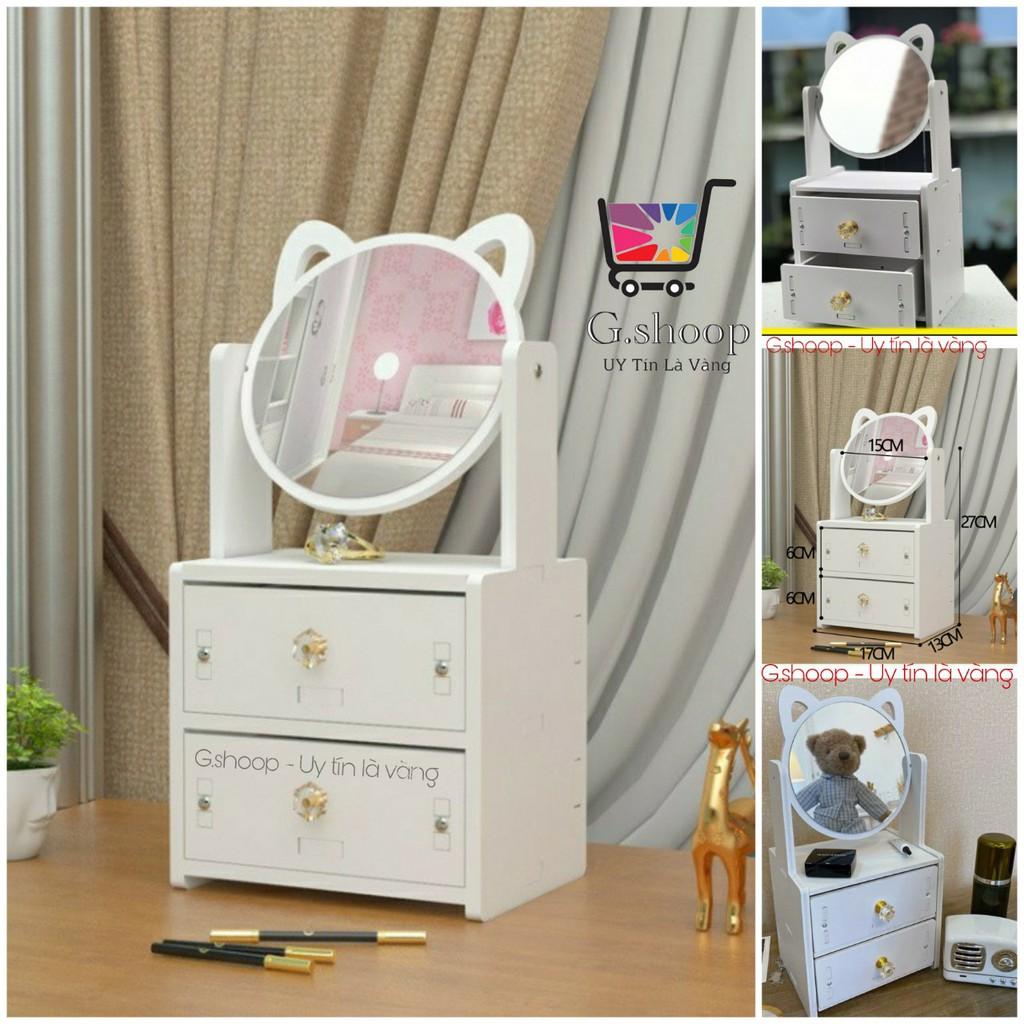 Bàn trang điểm mini bằng gỗ kèm gương tai mèo 2 tầng có ngăn kéo