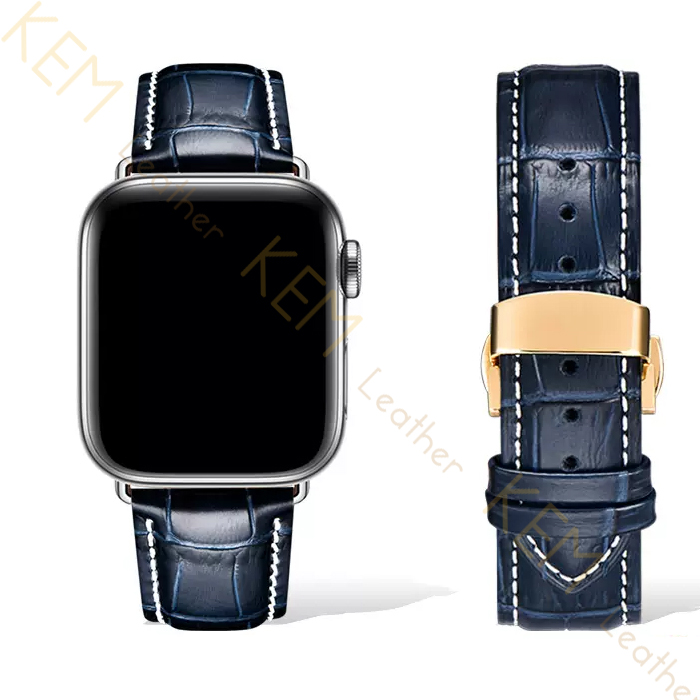 Dây Đồng Hồ Thay Thế Dành Cho Apple Watch 48 Ultra 45/44/42mm - 41/40/38mm, Chất Liệu Da Cá Sấu Cao Cấp Màu Xanh Navy May Thủ Công Chỉ Trắng Tương Thích Các Phiên Bản Series 8/7/6/5/4/3/2/1/SE Bảo Hành 12 Tháng