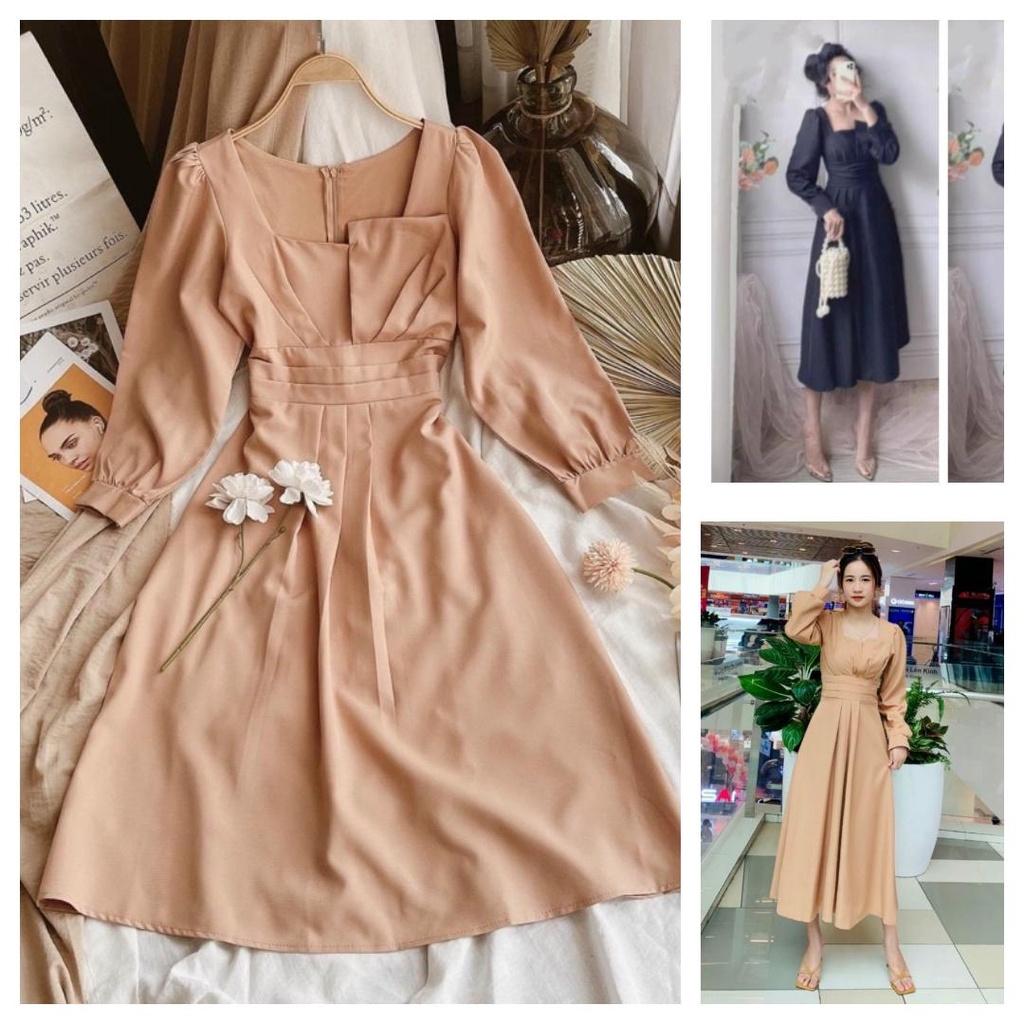 Đầm Dự Tiệc Xòe Tay Phồng Ôm Eo Cách Điệu BY8334