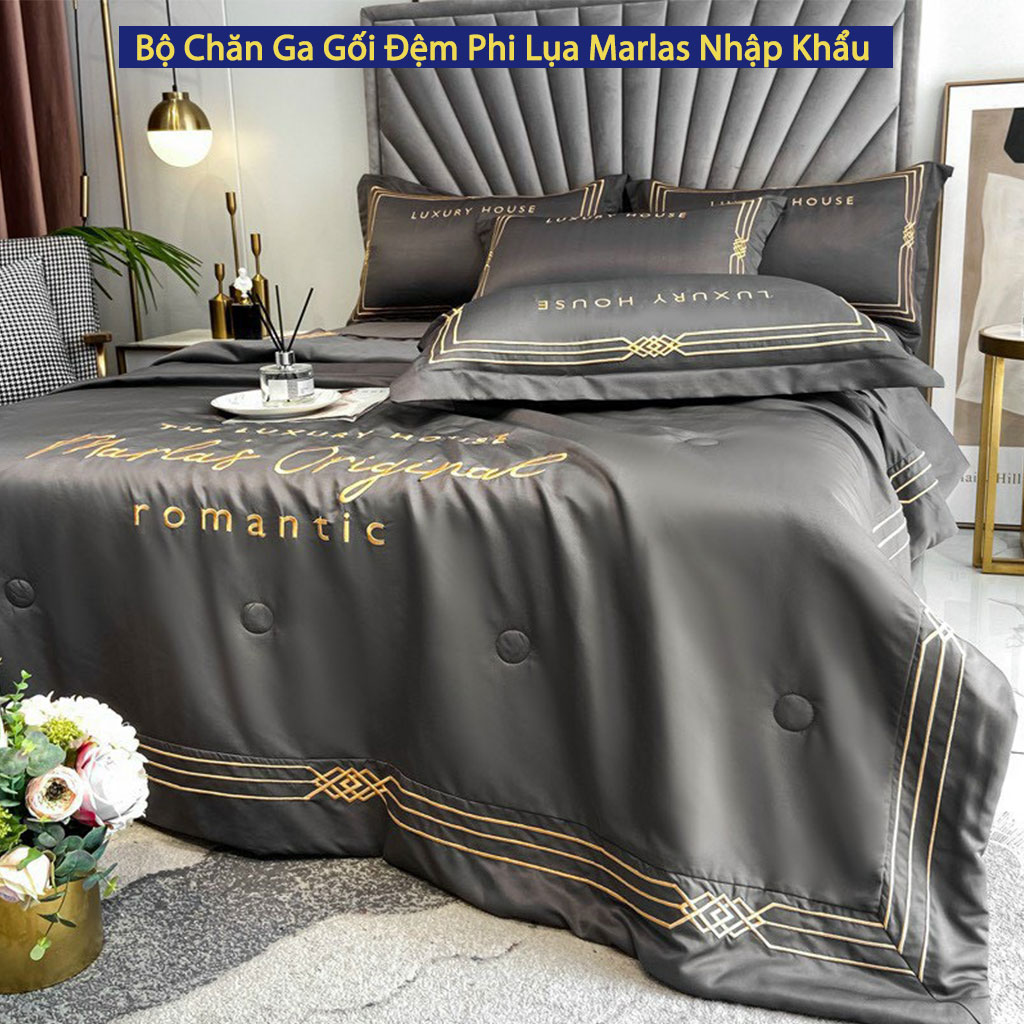 Bộ Chăn Ga Vỏ Gối Đệm Phi Lụa Nhập Khẩu Marlas Bộ Drap Giường Lụa Tencel Cao Cấp Bo Chun Drap Chăn Chần Bông