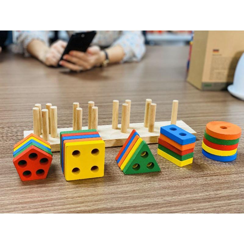 ĐỒ CHƠI MONTESSORI 5 CỌC HÌNH KHỐI-Đồ chơi gỗ an toàn, sáng tạo, phát triển trí tuệ, thông minh cho trẻ