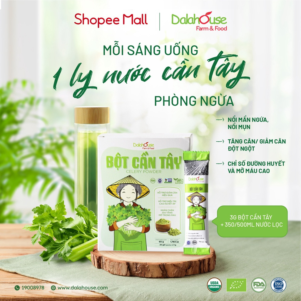 Bột Cần Tây Hữu Cơ Nguyên Chất Sấy Lạnh Dalahouse - Ổn Định Hệ Tiêu Hóa, Detox, Thải Độc, Thanh Lọc Cơ Thể, Giảm Căng Thẳng Mệt Mỏi, Hỗ Trợ Giảm Cân, Cải Thiện Sức Khỏe Tim Mạch, Chống Oxy Hóa, Giảm Cholesterol Xấu - Người Tập Gym, Yoga, Eat Clean