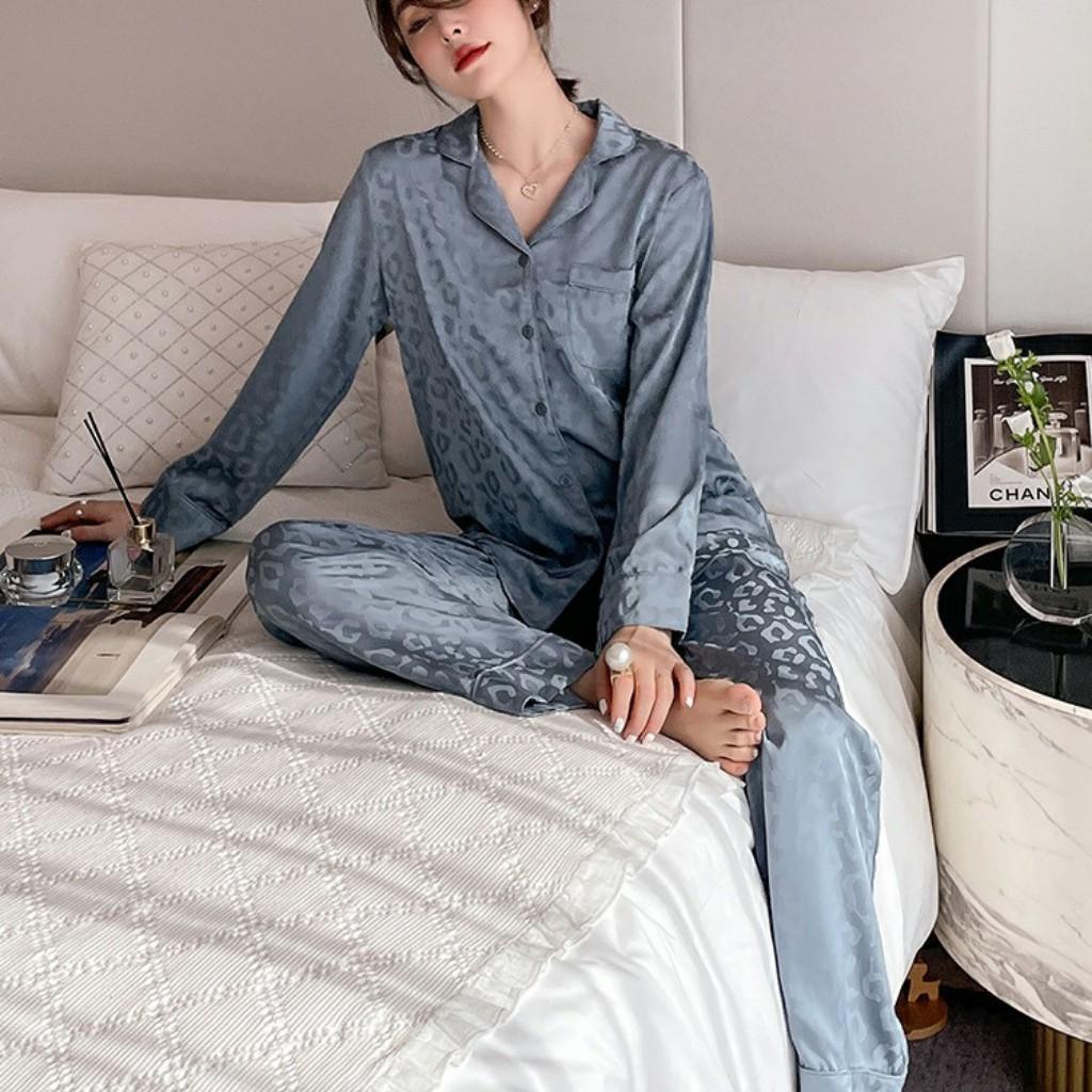 Bộ đồ ngủ, bộ ngủ nữ pijama lụa cao cấp Quảng Châu dài tay họa tiết sang trọng