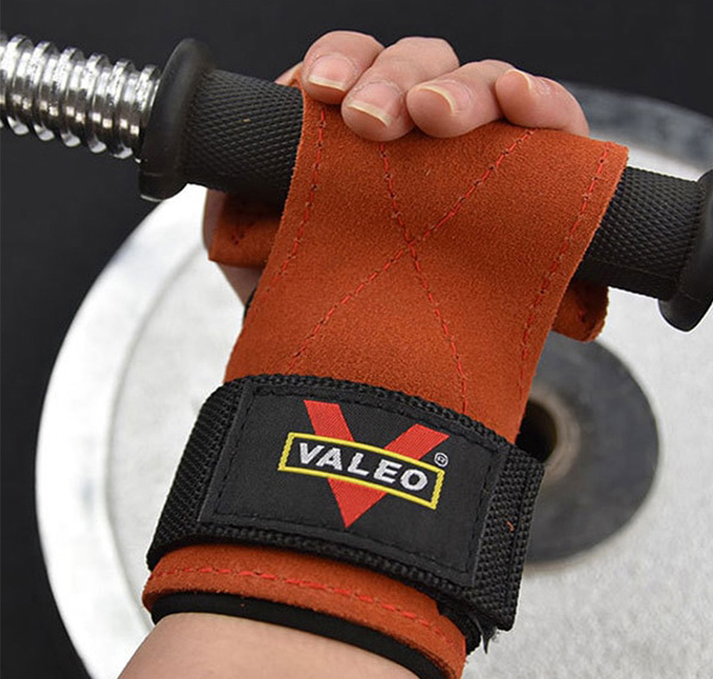 Dây Kéo Lưng kết hợp Găng Tay Tập Gym, Lifting Straps Da Bò rất dày và êm tay - Sản phẩm chính hãng VALEO