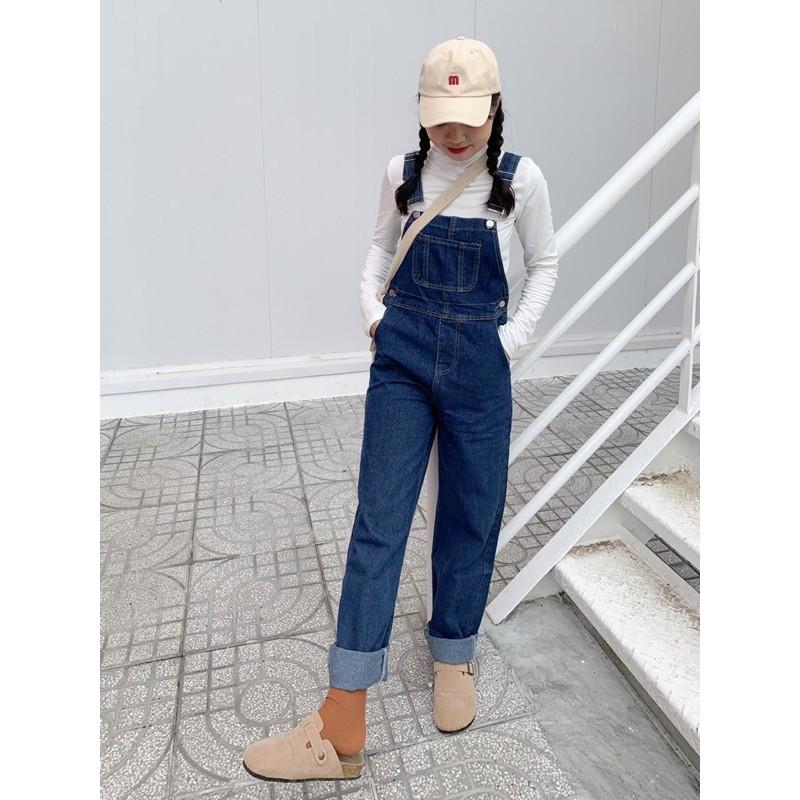 Yếm jean nút gài ống suông xanh đậm