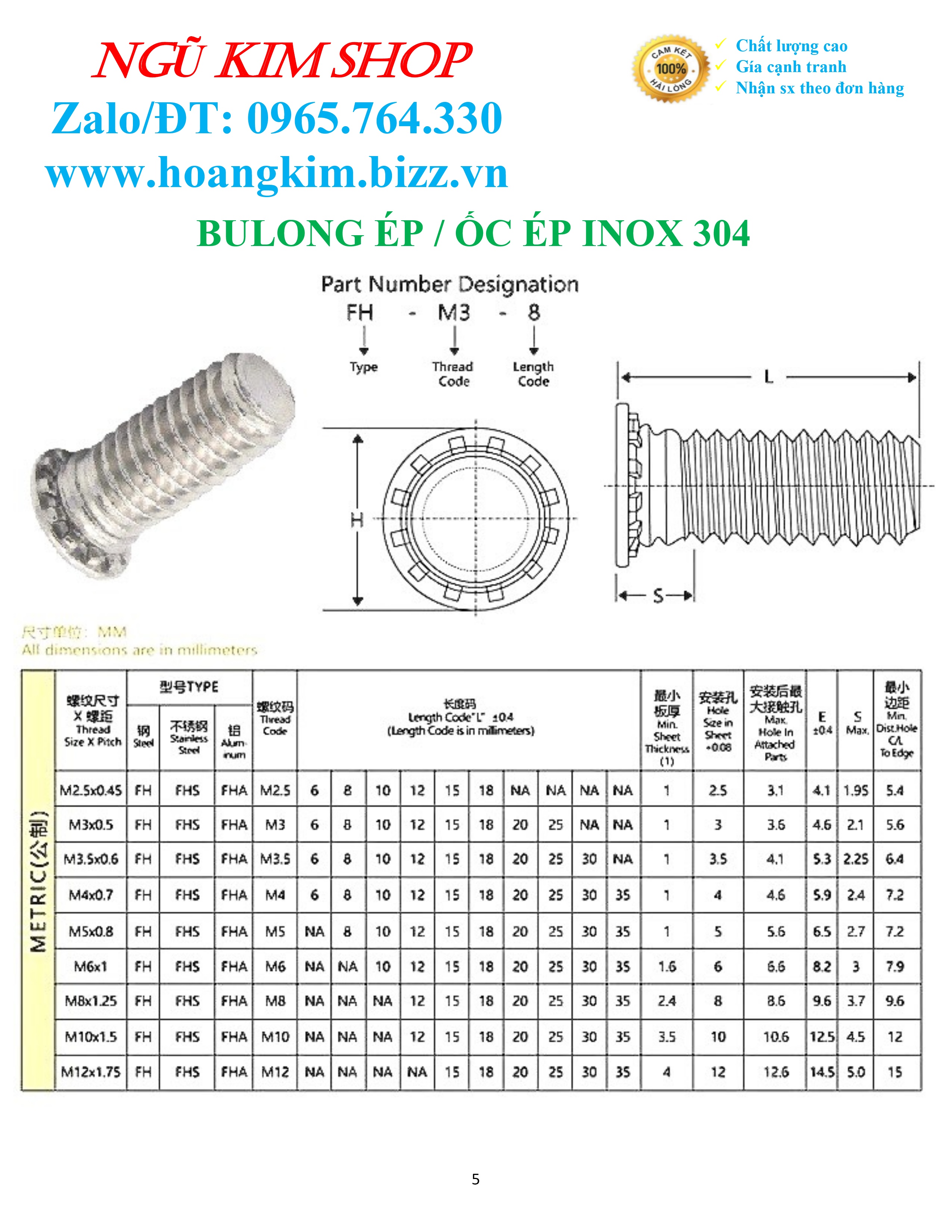 BULONG ÉP _ ỐC ÉP M4, M5, M6, M8 INOX 304