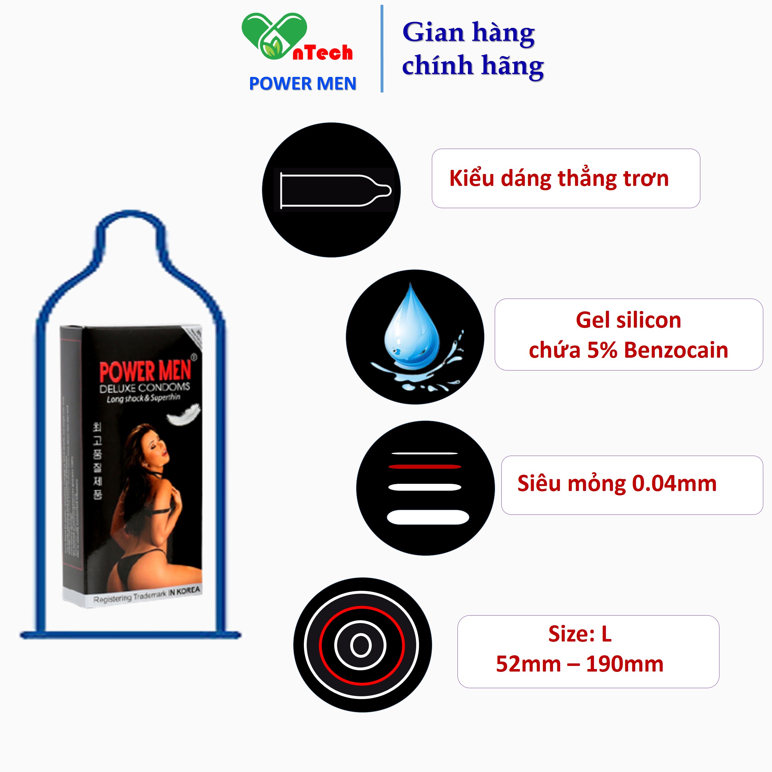 Bao cao su POWERMEN SUPERTHIN siêu mỏng nhiều gel bôi trơn chứa 5% benzocain kéo dài thời gian hộp 12 chiếc