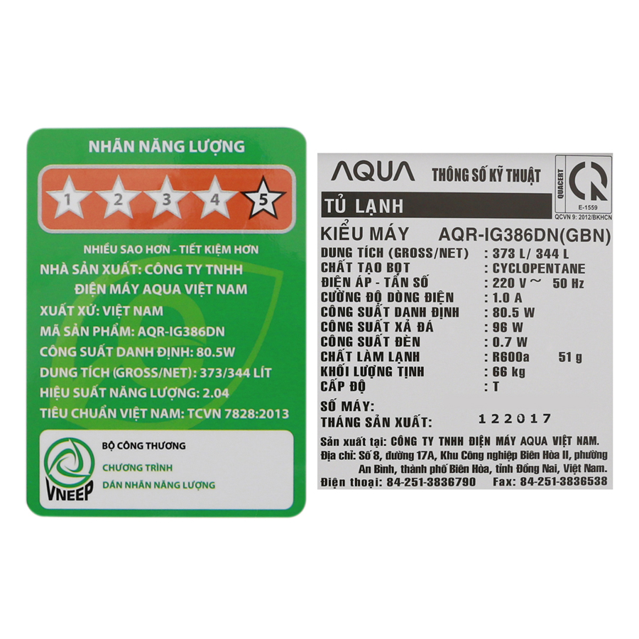 Tủ Lạnh Inverter Aqua AQR-IG386DN-GB (344L) - Hàng Chính Hãng