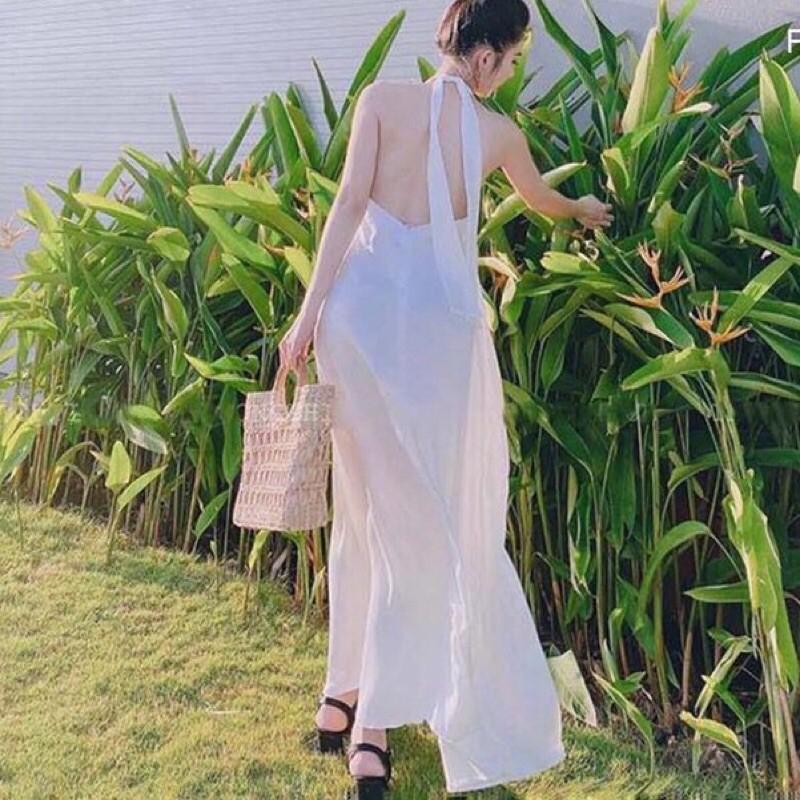 Đầm maxi cổ yếm hở lưng siêu xinh FREESIZE