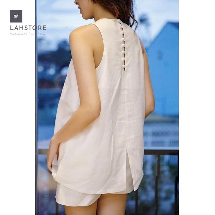 Bộ mặc nhà linen nữ form rộng sát nách trẻ trung LAHSTORE, chất vài linen mềm mát (Trắng)