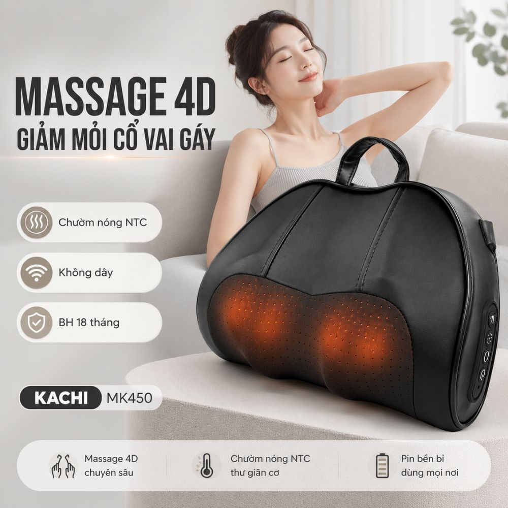 Gối Massage Cổ Vai Gáy Kachi MK450 – Công Nghệ Massage 4D Chườm Nóng - hàng chính hãng