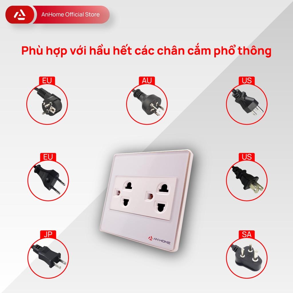 Ổ cắm điện mặt kính cường lực vuông 3 chấu viền mạ Champagne AnHome GS-U3