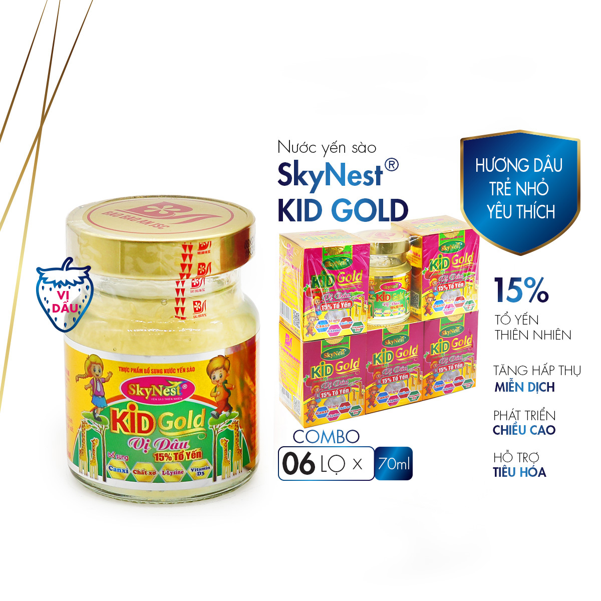 Combo 5 tặng 1, thực phẩm bổ sung Nước yến sào SkyNest Kid Gold Vị dâu (70ml x 6 lọ), tăng cường hấpthụ canxi, chất xơ giúp phòng chống táo bón, kích thích tiêu hóa