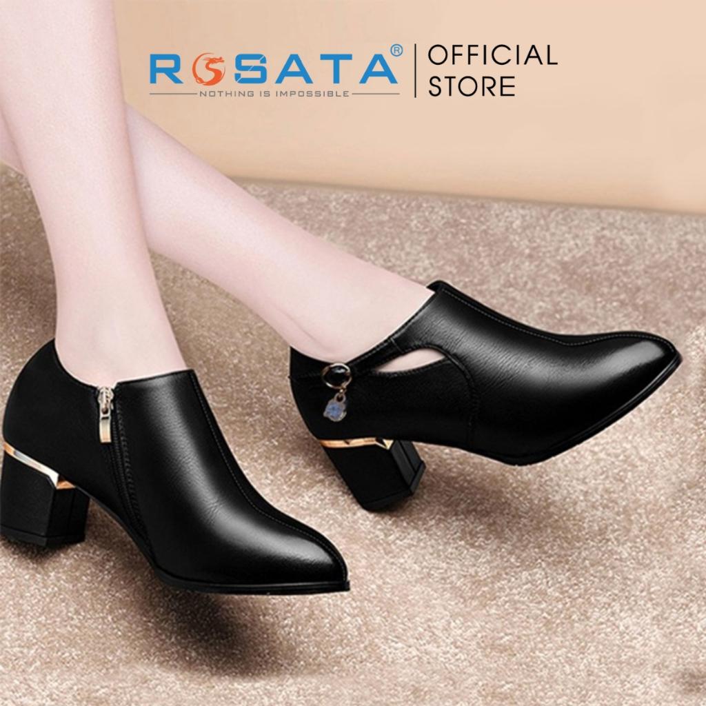 Giày boot ROSATA RO444 bốt nữ cổ thấp đế cao 5 phân thời trang hàn quốc cao cấp da Pu loại 1 mềm mại khóa cài - Đen