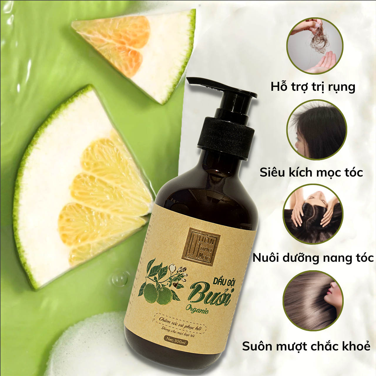 Combo Dầu Gội Bưởi 300ml Dầu Gội Bồ Kết 300ml VƯỜN THẢO MỘC ORGANIC Nuôi Dưỡng Tóc Mượt Mà Giảm Xơ Rối