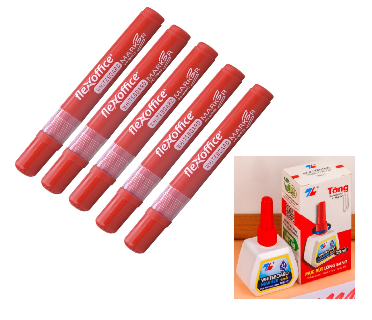 Combo 05 Cây Bút Lông Bảng FO-WB02 Và 01 Hộp Mực Lông Bảng FO-WBI02 – Màu Đỏ